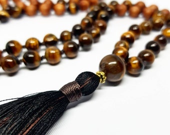 All-Seeing ~ Tigerauge, Sandelholz, 108 Perlen, 8mm, Japa Mala, Yoga Schmuck, Mala, Halskette, Handgeknüpft, Schmuck, Seidenquaste, Edelstein