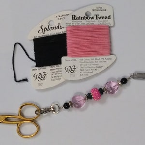 Bright Pink Rhinestone, Silver and  Black Beaded Hearts Scissor Fob & Vintage Gold Plated Embroidery Scissors