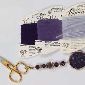 Purple and Gold Beaded Scissor Fob with  Marbled Charm & Vintage Gold Plated Embroidery Scissors
