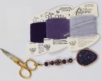 Purple and Gold Beaded Scissor Fob with  Marbled Charm & Vintage Gold Plated Embroidery Scissors