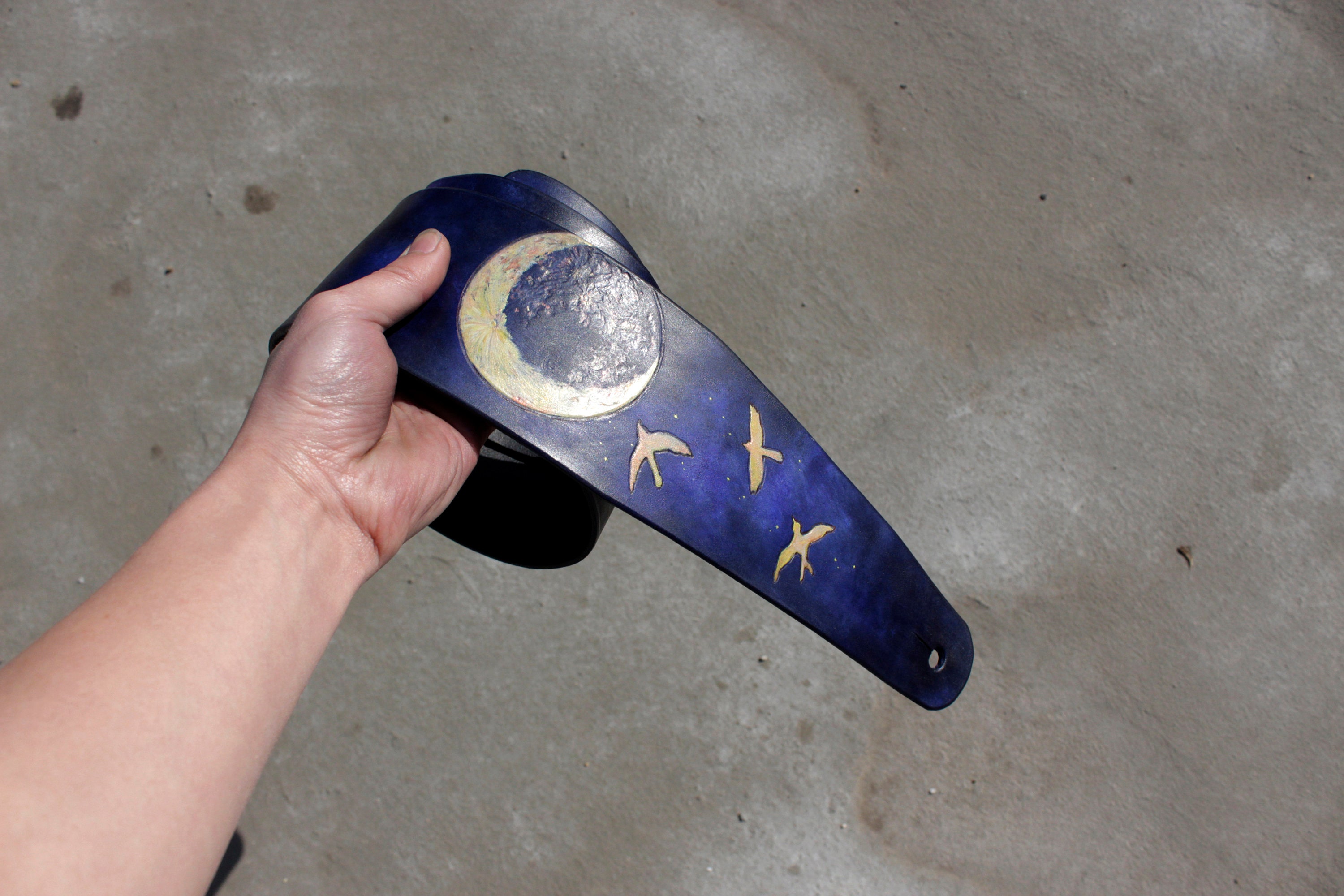 Handmade Leather Guitar Strap: Carved Birds, Moon, Custom Initials