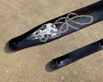 Raven skull - handcrafted guitar strap, bass strap, vegetable tanned leather guitar strap