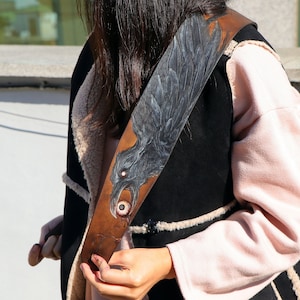 guitar strap leather, guitar strap painting, custom guitar strap, bass strap - crow