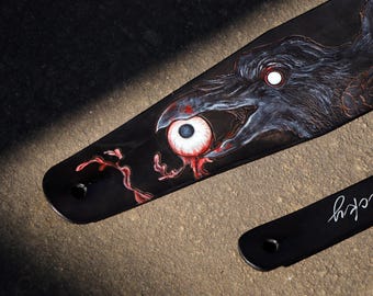 Handmade Leather Guitar Strap: Carved Raven, Custom Initials
