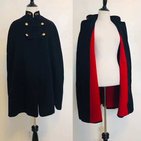 Vintage Cape, Navy Blue Wool Cape Red Lining Vinta