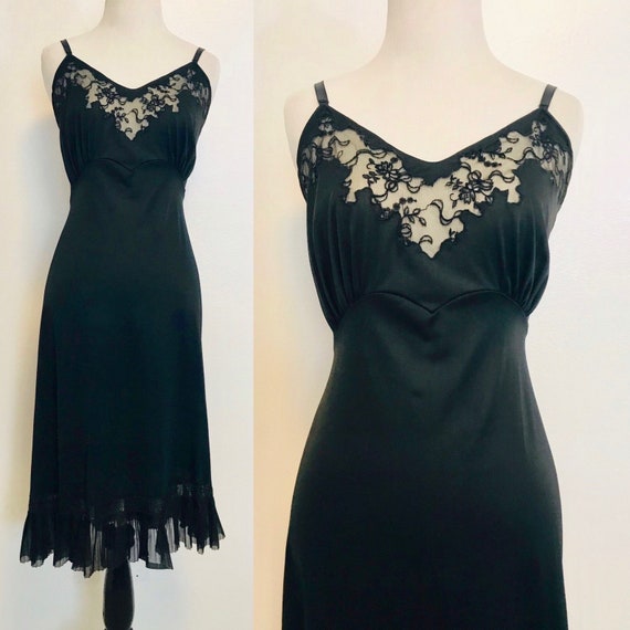 Vintage Slip, Black Floral Dress Slip, 1950s Linge