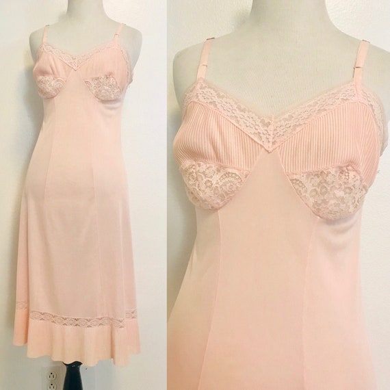 50s MediumLarge Cream Lingerie Slip Dress with Lace and Pleated Hem