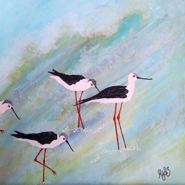 Blackwinged Stilts, Original Acrylic Painting on paper, unique christmas gift