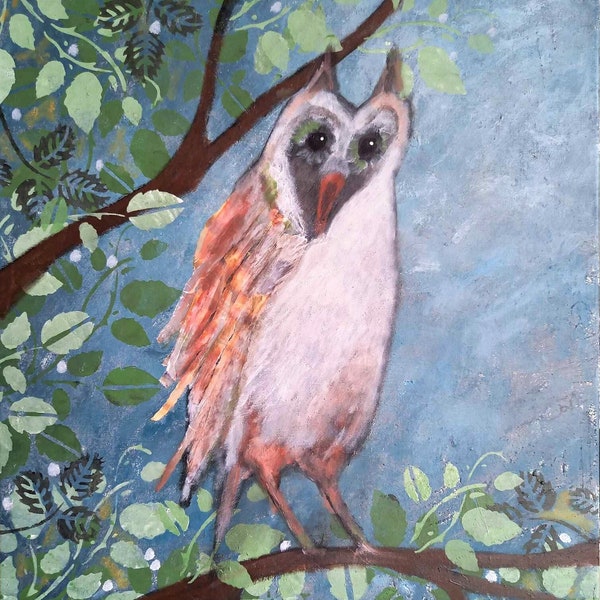 Old & Wise Owl - Acrylic painting/Mixed media on linen canvas, signed, Monica Green