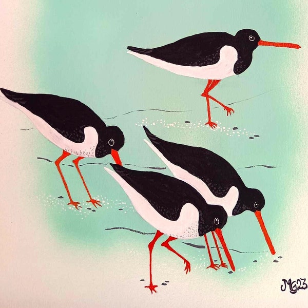 Oystercatchers, Original Acrylic Painting on paper, unique christmas gift