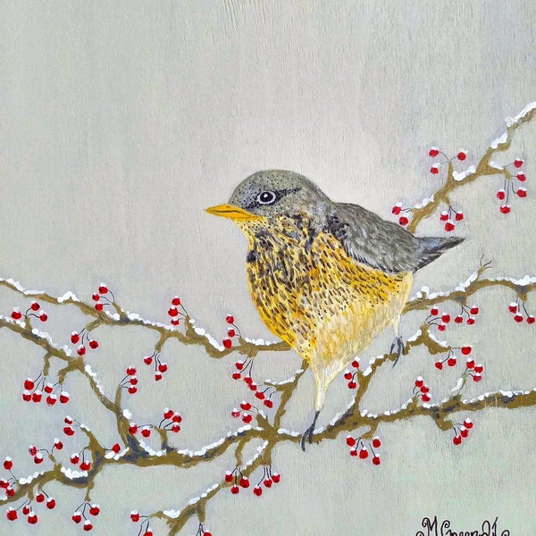 Mistle Thrush bird, Acrylic painting, Christmas gift, wild birds wall decor