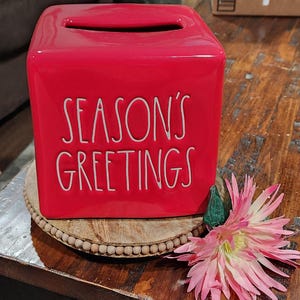 Rae Dunn SEASON&#39;S GREETINGS Red Tissue Box Cover - Rae Dunn Artisan Collection by Magenta - New - Holiday Collection
