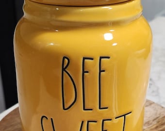 Rae Dunn BEE SWEET Canister – Yellow Ceramic Jar with Bee Topper - Bee Decor