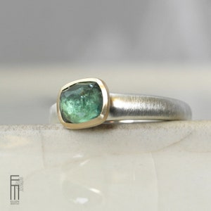 green tourmaline ring with gold setting, handmade silver ring with 18kt gold, cocktail ring with natural gemstone, unique piece - size 6.5