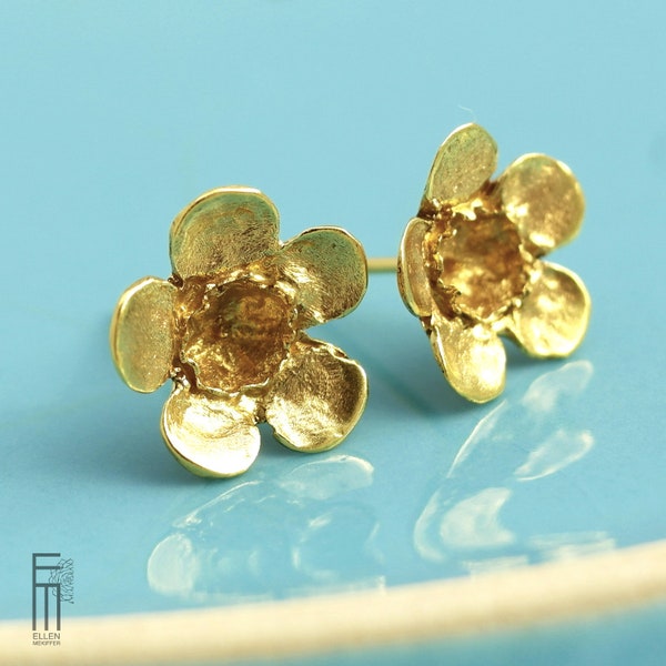 goldene Blütenohrringe Wachsblume, kleine Blumen Ohrstecker, florale Ohrringe Silber vergoldet, Naturschmuck Myrte, Botanik Design