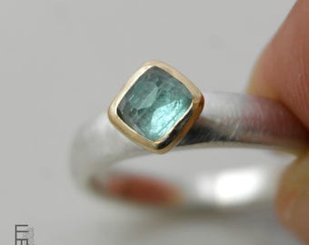 Blue tourmaline ring with gold setting, handmade silver ring with 18k gold, cocktail ring with natural gemstone, unique piece - size 54