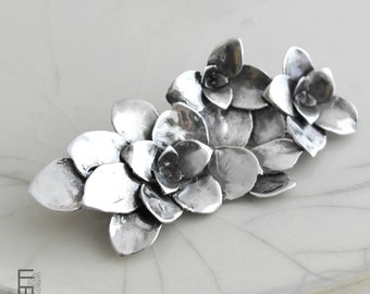 silver brooch with succulent leaves, handmade botanical brooch, large metal brooch, unique jewelry designs, nature cast jewelry