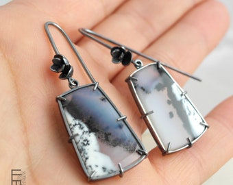 Large dendritic agate drop earrings in blackened silver, white and blue agate opal with landscape image, swinging stone earrings