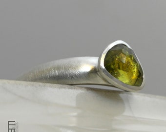 ring with olive green tourmaline, handmade silver ring with natural gemstone, cocktail ring, unique jewelry piece - size 6.5