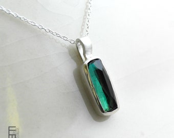 forest green tourmaline pendant, silver pendant with real gemstone, rectangular tourmaline pendant for necklace, silver pendant green stone