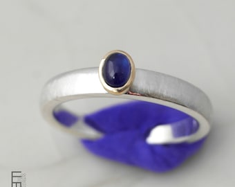 blue sapphire ring 18kt gold and 925 silver, elegant ring with blue gemstone in real 18kt gold setting and silver ring band, size 6.5