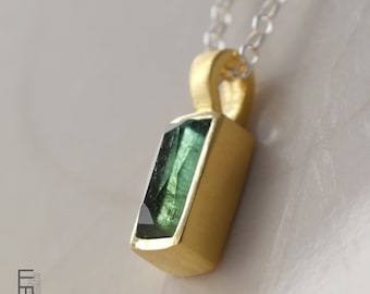 green tourmaline pendant gold, long gemstone pendant in goldplated silver - simple design jewelry, natural gemstone chain, gift for women