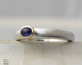 blue sapphire ring 18kt gold and 925 silver, elegant ring with blue gemstone in real 18kt gold setting and silver ring band, size 7.5