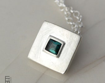 blue tourmaline pendant silver 925, square chain pendant with faceted indigolite, handmade jewelry with natural gemstone