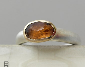 Spessartine garnet ring made of 18kt gold and silver, handmade silver ring with gold setting, cocktail ring with natural gemstone,  size 7