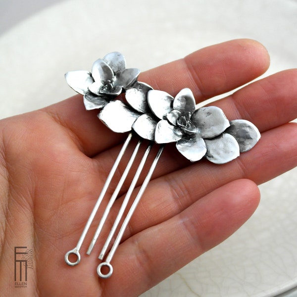 silver hair comb with succulent leaves, metal comb for hair, leaf hair comb wedding, unique jewelry piece, nature cast jewelry