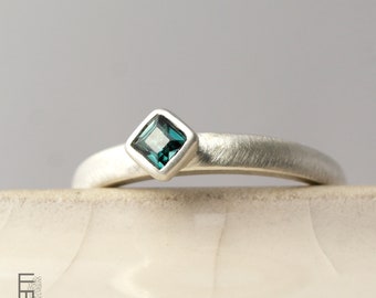 blue tourmaline ring made of silver, silver ring with square indigolite, simple solitaire ring with natural gemstone, size 6.5