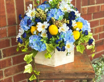 Xl Blue and Yellow Flower Arrangement: Summer Kitchen Centerpiece, Lemon and Hydrangea Decor