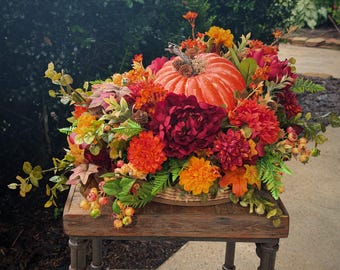 Handcrafted Fall Pumpkin Floral Centerpiece | Autumn Harvest Thanksgiving Table Decor