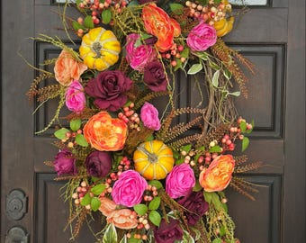 Handmade Fall Harvest Grapevine Wreath, Farmhouse Autumn Decor, Pumpkins Roses Berries