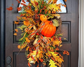 Handcrafted Fall Pumpkin Grapevine Wreath | Autumn Harvest Door Hanger, Thanksgiving Decor