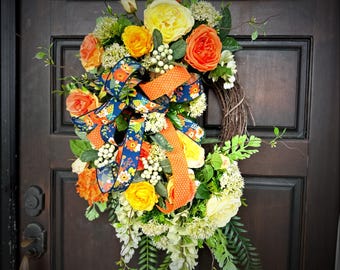 Handcrafted Orange Yellow Floral Wreath: Cottage Charm Door Decor