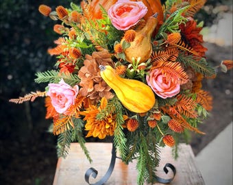 Handcrafted Luxury Fall Pumpkin Centerpiece | Autumn Floral Arrangement, Thanksgiving Decor