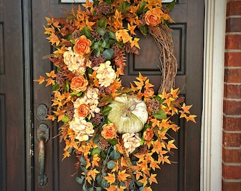 Large Fall Pumpkin Grapevine Wreath | Autumn Harvest Door Decor, Orange Floral Arrangement