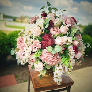 Blush and Burgundy Silk Flower Arrangement – Faux Floral Centerpiece – Elegant Wedding Decor – Romantic Table Arrangement