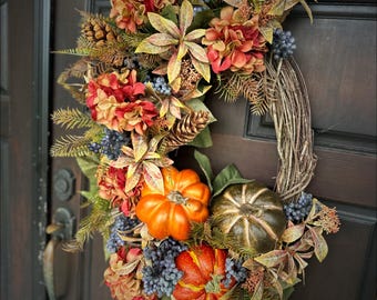 36-Inch Rustic Fall Grapevine Wreath – Pumpkins, Hydrangeas, Pinecones – Autumn Door Decor