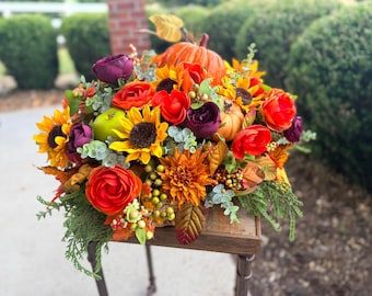 Fall Pumpkin Centerpiece, Autumn Floral Arrangement, Sunflower Table Decor, Harvest Centerpiece, Thanksgiving Decor, Rustic Fall Decor