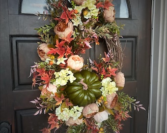 Green Pumpkin Fall Grapevine Wreath – Pumpkins, Hydrangeas, Autumn Foliage Door Decor