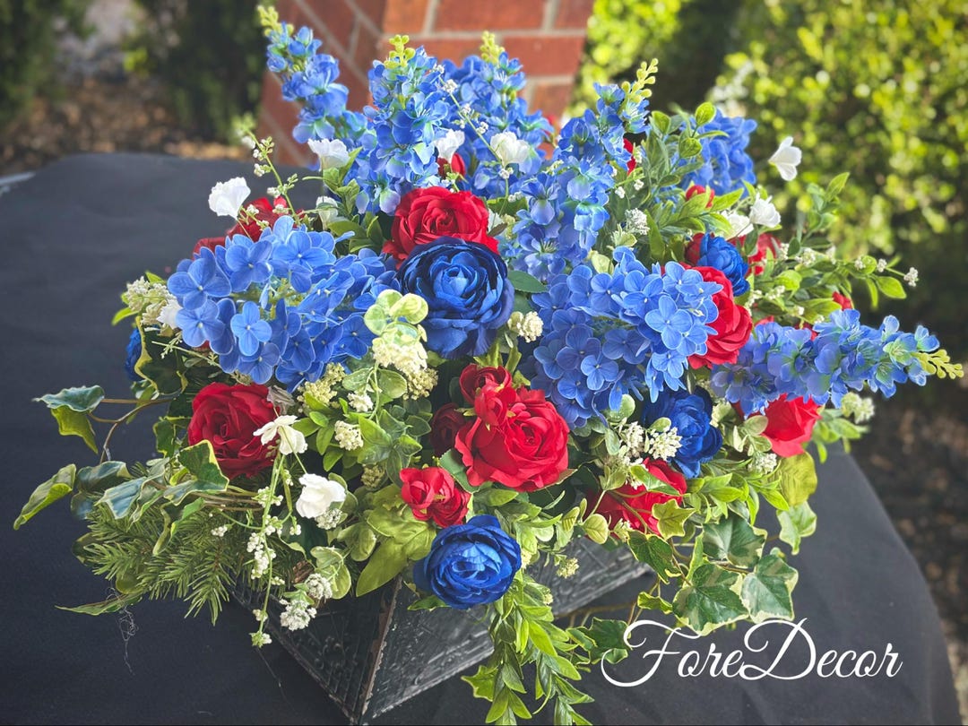 Large Patriotic Floral Table Centerpiece, Red White Blue Silk Flowers ...