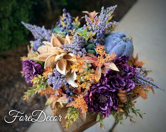 Purple Pumpkin Fall Centerpiece | Luxury Autumn Floral Harvest Decor