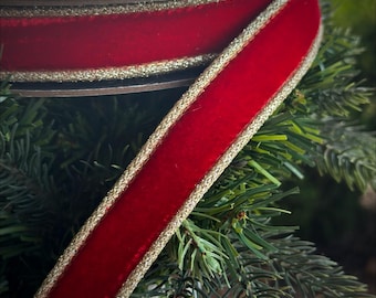 Red Velvet Wired Ribbon with Gold Trim, 1 Inch Wide, Holiday Crafting Supplies
