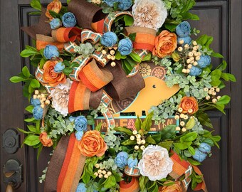 Fall Wreath: Autumn Door Decor with Blue Accents, Porch Statement Piece