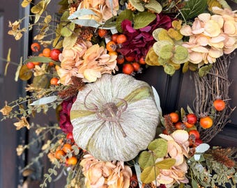 Rustic Fall Grapevine Wreath – Pumpkins, Hydrangeas, Autumn Foliage Door Decor