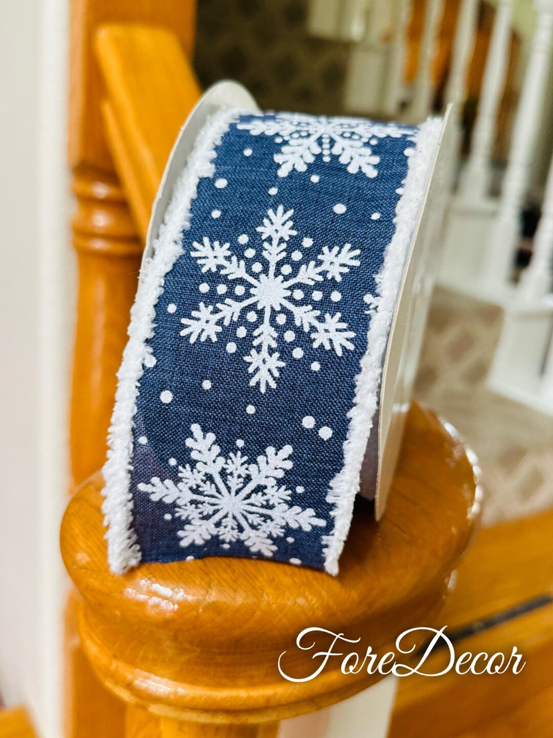 Navy Blue Winter Snowflake Ribbon, Whimsical Christmas Ribbon, Wired ...