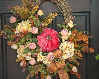 Rustic Fall Grapevine Wreath – Pumpkins, Hydrangeas, Autumn Foliage Door Decor