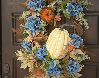 30-Inch Fall Grapevine Wreath – Pumpkins, Blue Hydrangeas, Autumn Foliage Door Decor